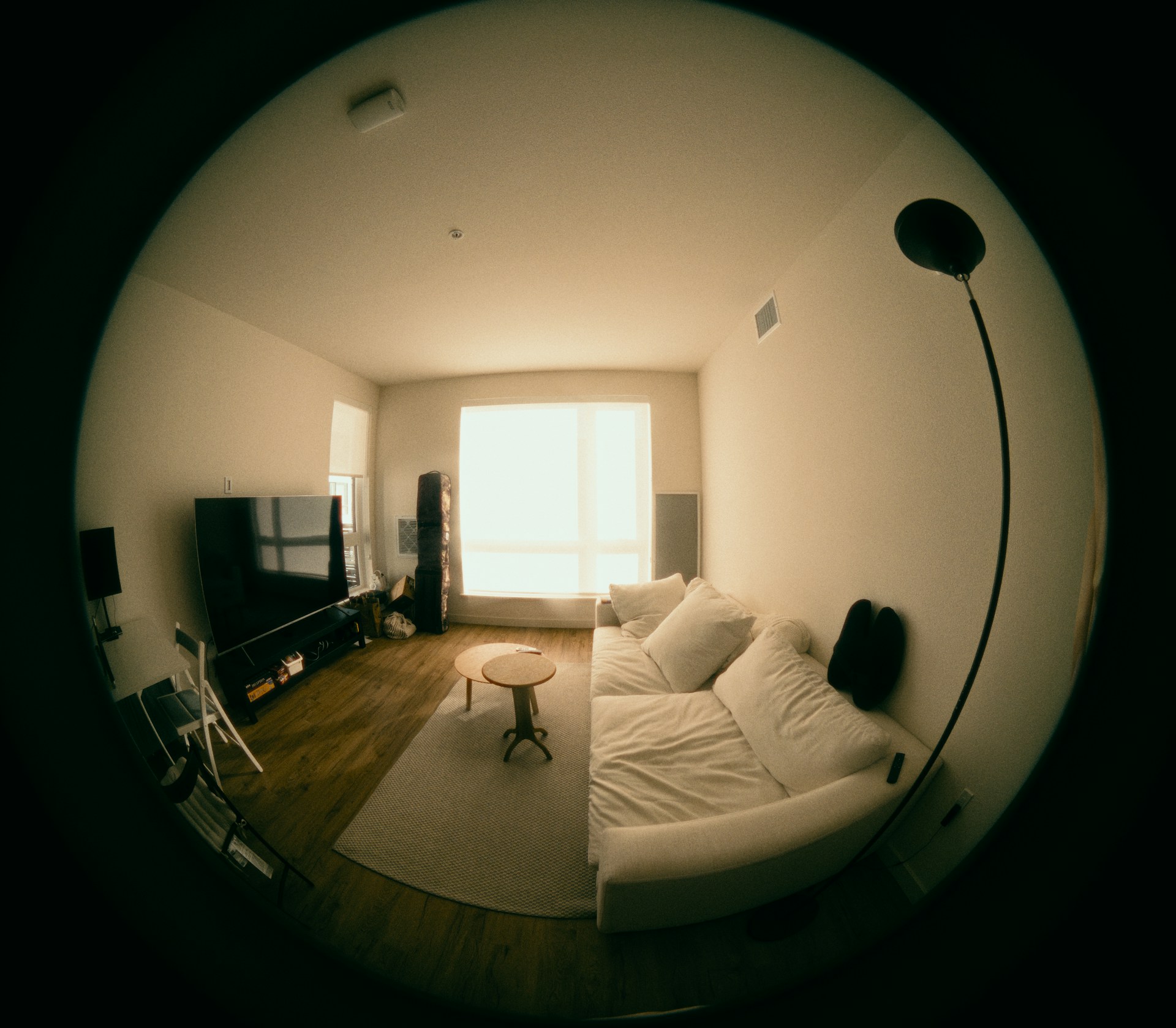 Modern living room with a white sofa and a large window, as seen during an apartment viewing.